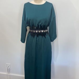 Porridge from Anthropologie emerald green v-back formal long dress 3/4 sleeve
